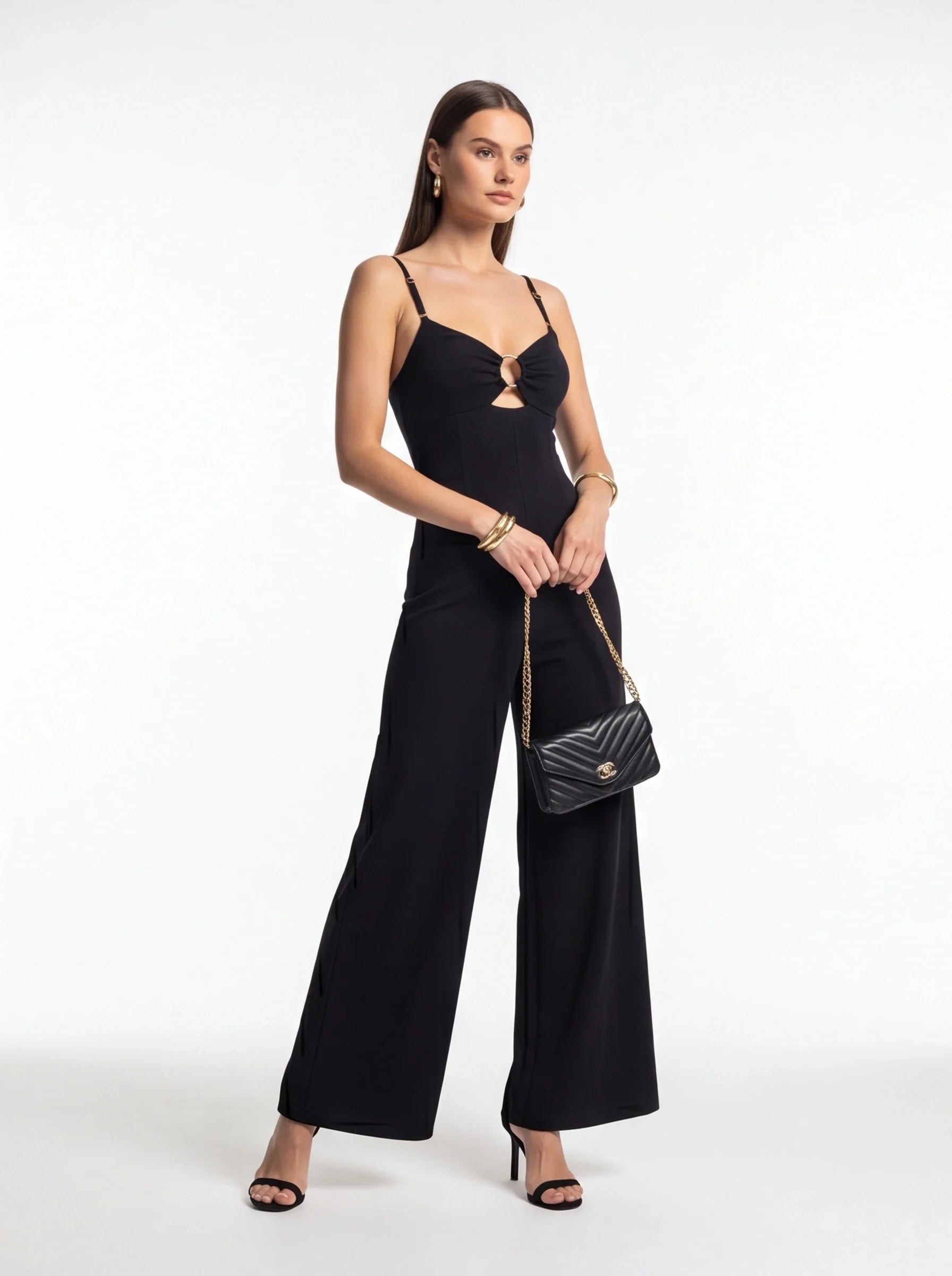 Elegant Gold Backless Wide-Leg Jumpsuit with Adjustable Straps