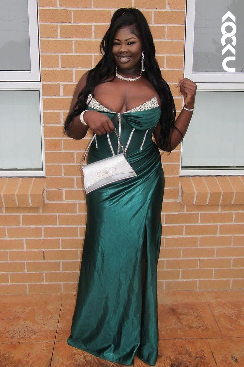 L2952 - Sexy & Hot V-neck Off-Shoulder Sleeveless Ruched Party Prom Dress With Beaded