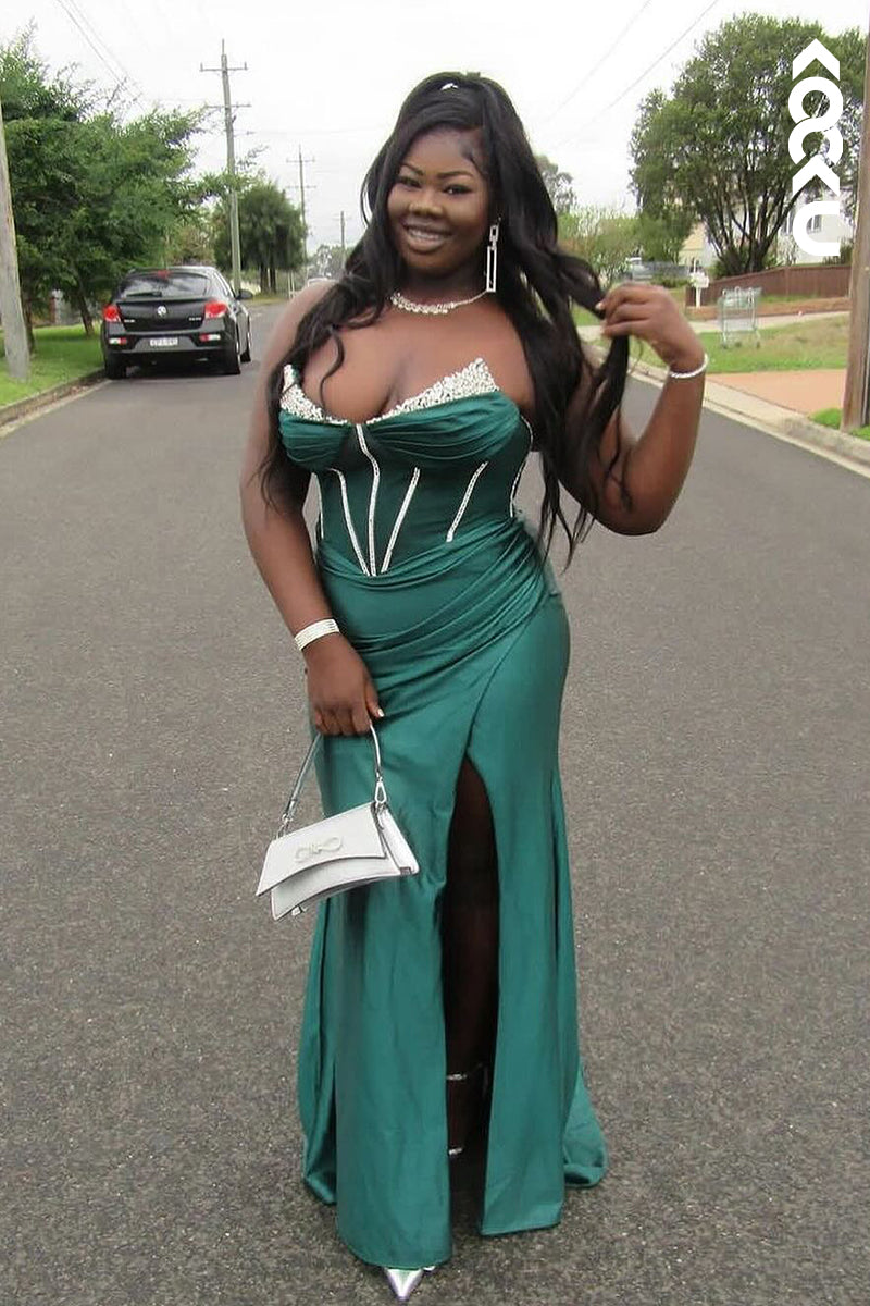 L2952 - Sexy & Hot V-neck Off-Shoulder Sleeveless Ruched Party Prom Dress With Beaded