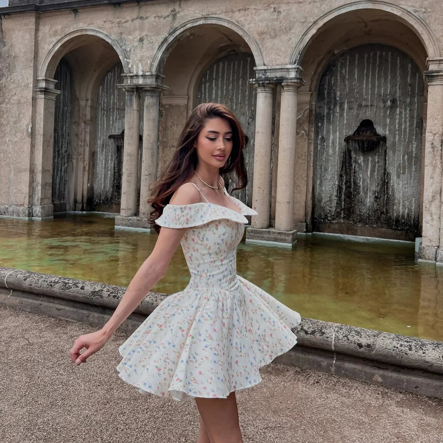 Off-Shoulder A-Line Floral Dress