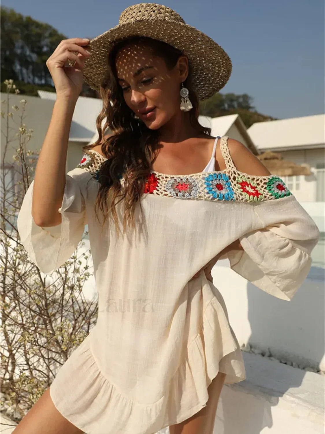 Off Shoulder Crochet Loose Cover Up