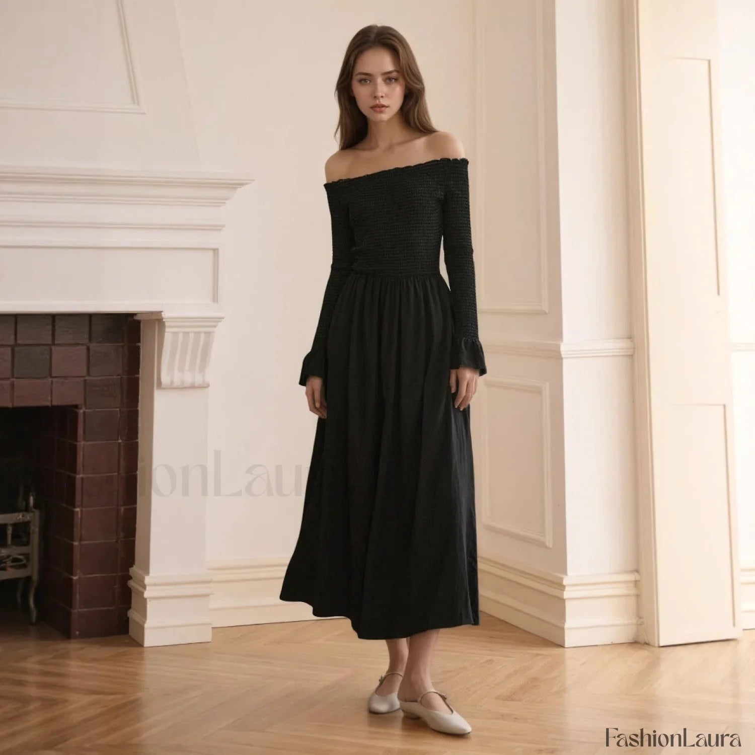 Off Shoulder Curved Horn Sleeve Flared Maxi Dress