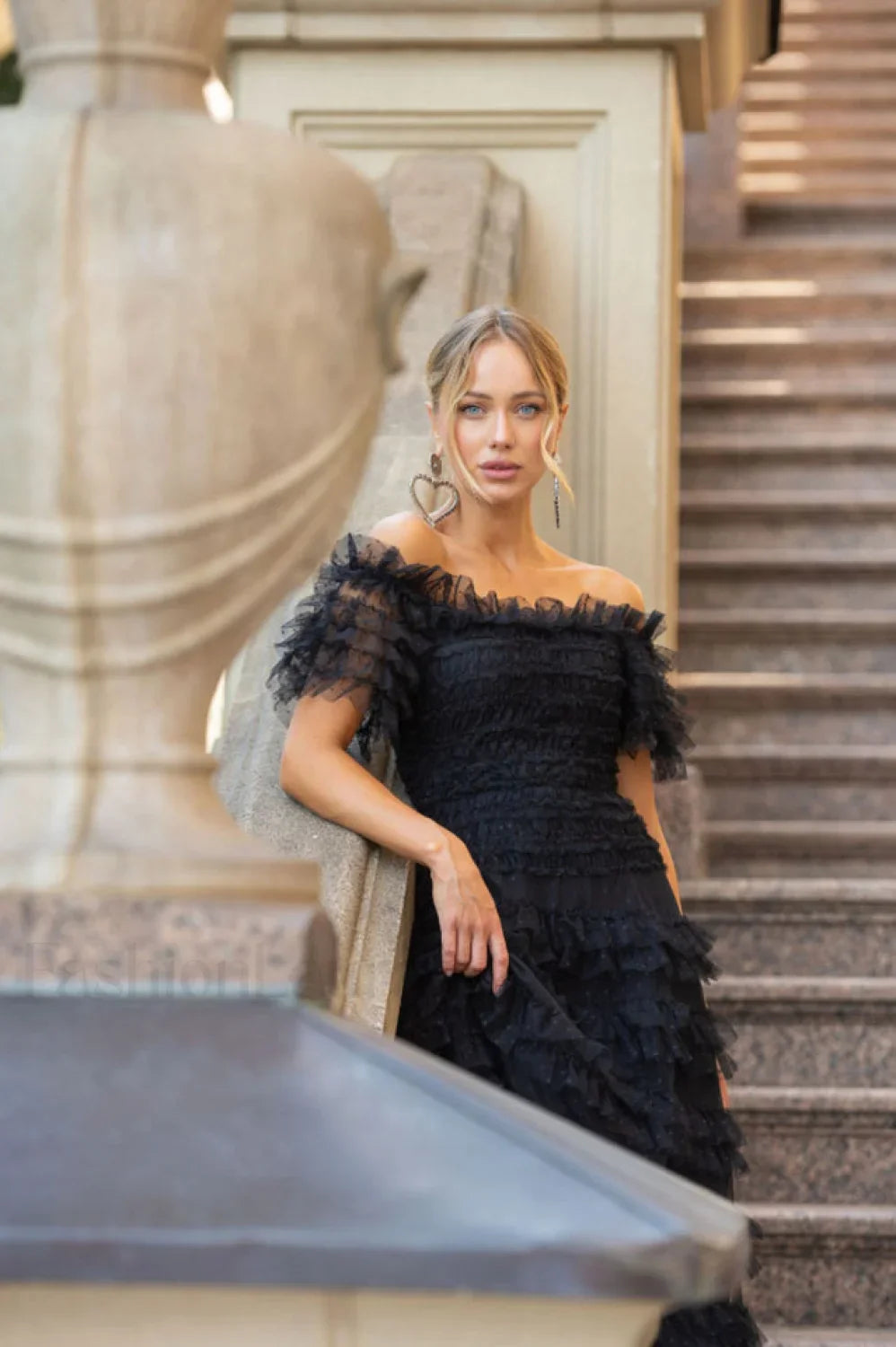 Off Shoulder Dotted Charming Tulle Maxi Dress