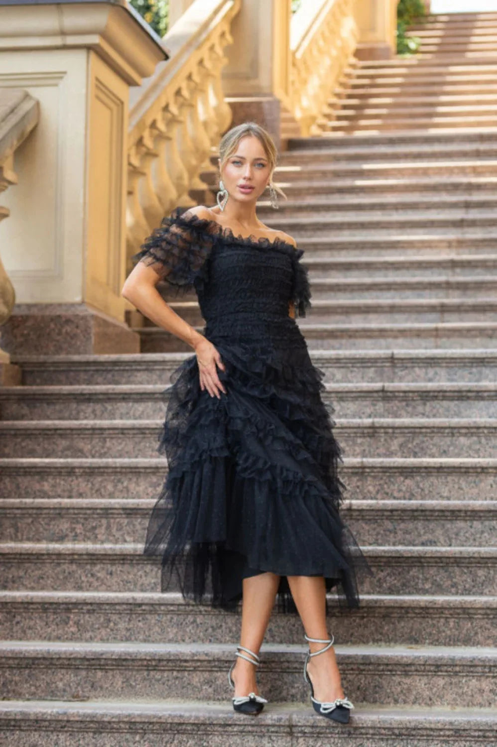 Off Shoulder Dotted Charming Tulle Maxi Dress