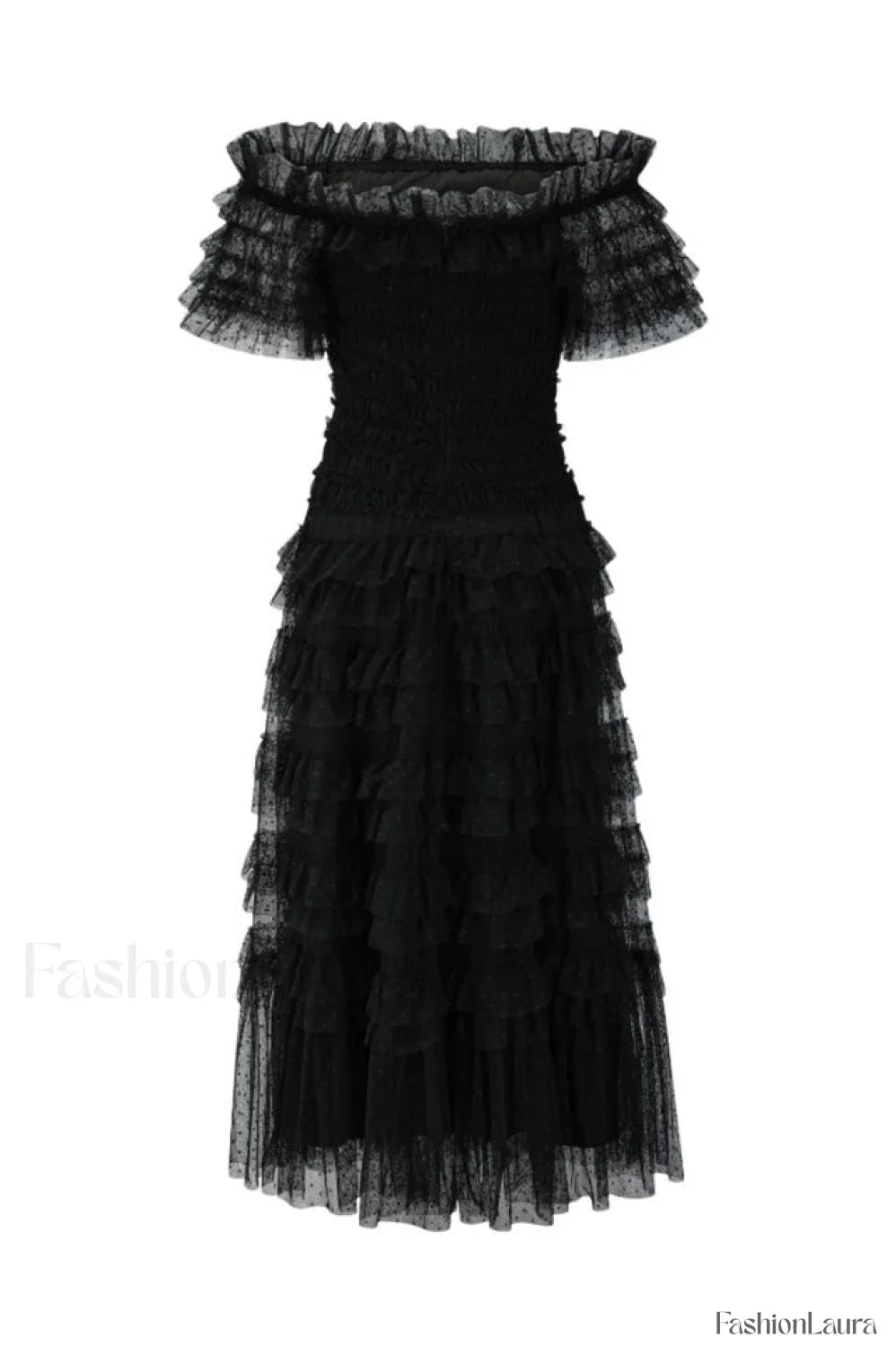 Off Shoulder Dotted Charming Tulle Maxi Dress