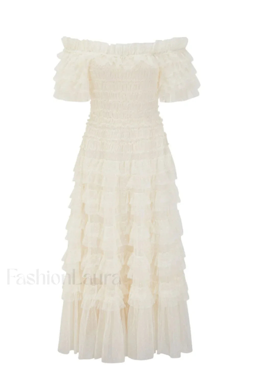 Off Shoulder Dotted Charming Tulle Maxi Dress S / Cream (Without Belt)