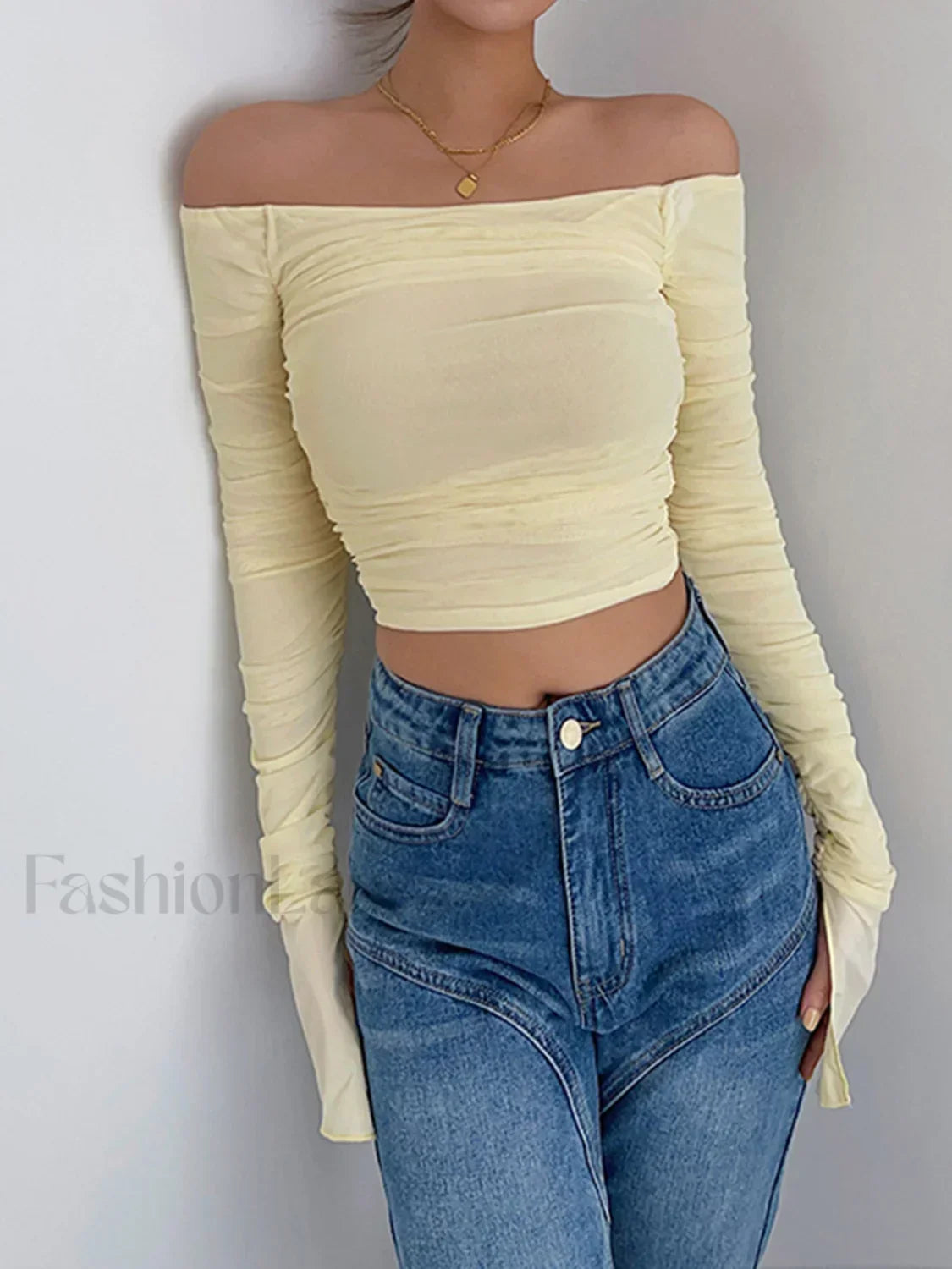 Off Shoulder Graceful Mesh Crop Shirt Yellow / XS T Shirts