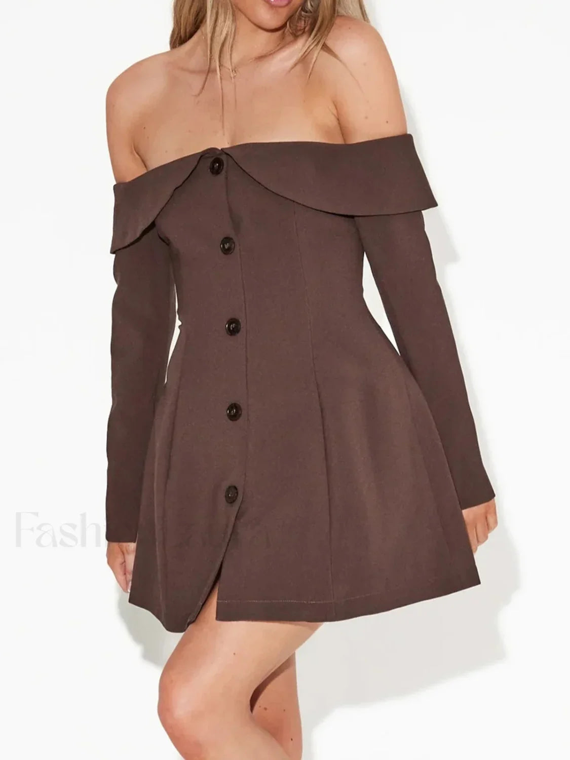 Off Shoulder Long Sleeve Modern Button Zip Mini Dress