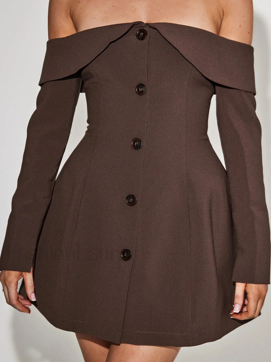 Off Shoulder Long Sleeve Modern Button Zip Mini Dress