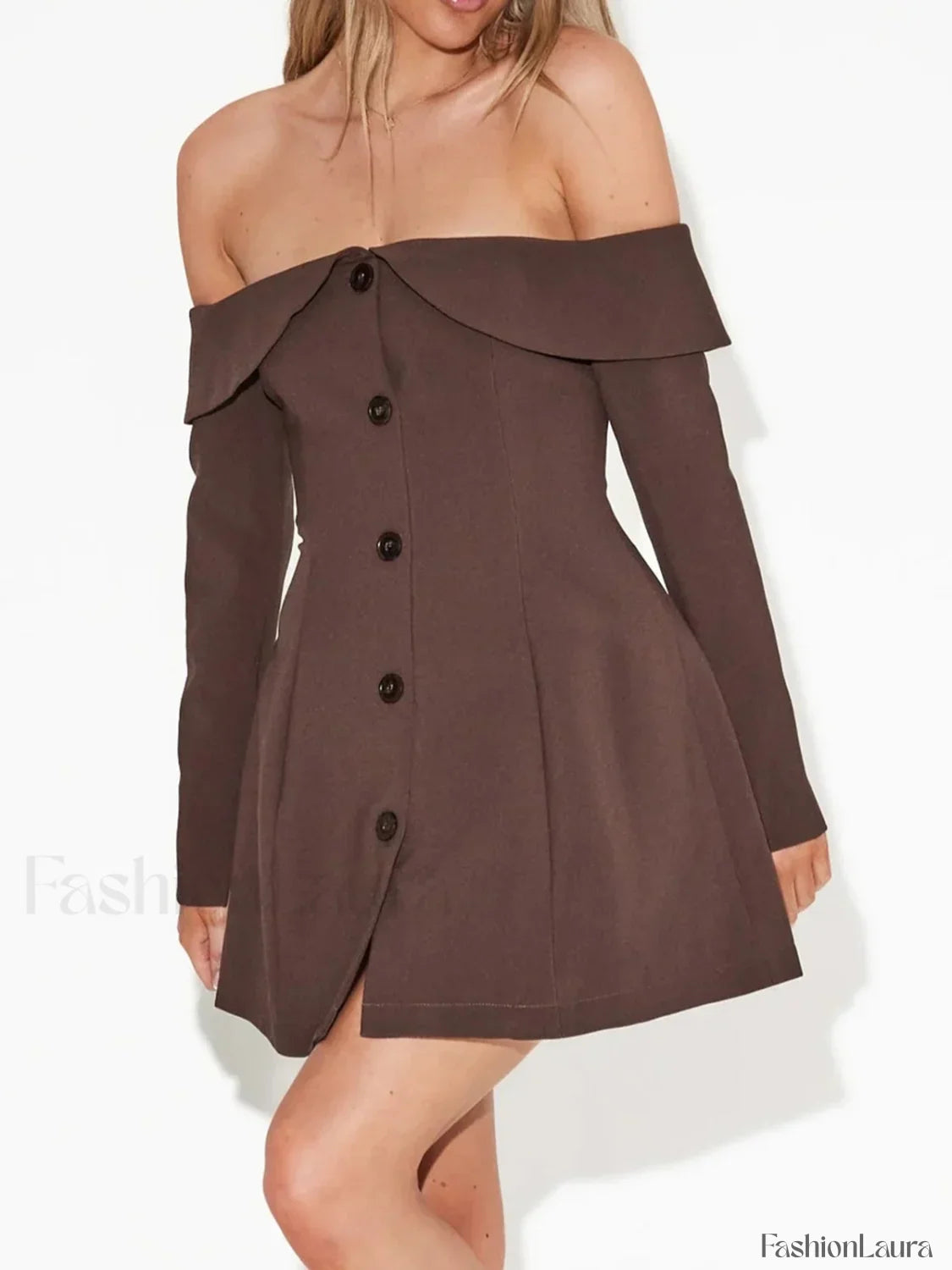 Off Shoulder Long Sleeve Modern Button Zip Mini Dress