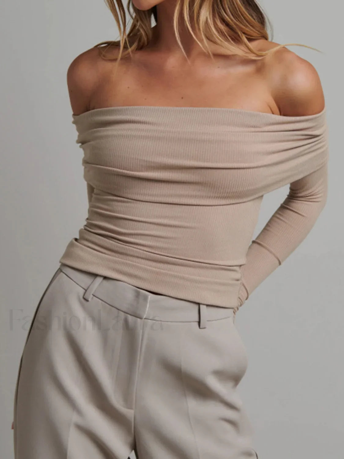 Off Shoulder Overfold Trendy Long Sleeve Crop Shirt