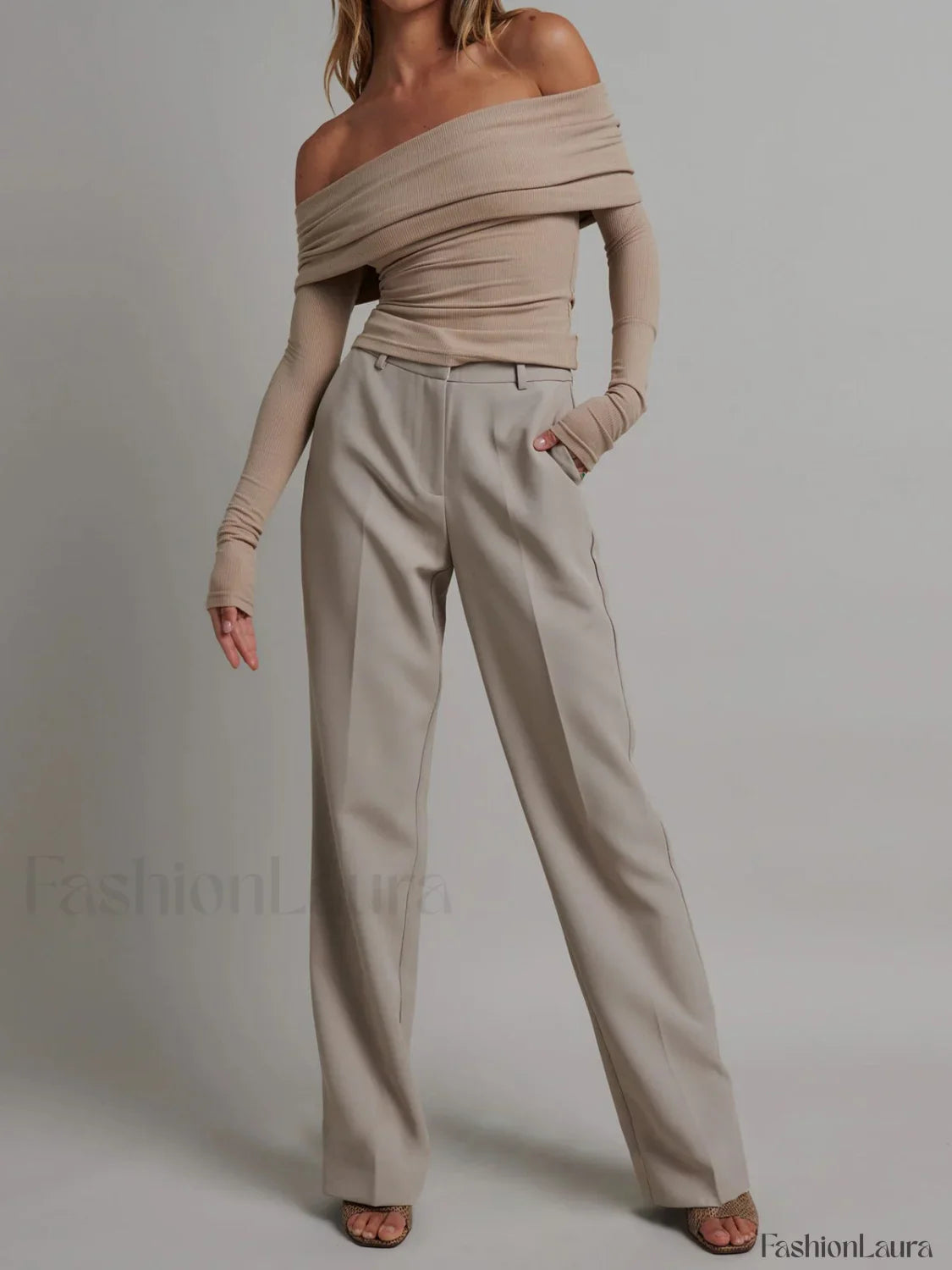 Off Shoulder Overfold Trendy Long Sleeve Crop Shirt