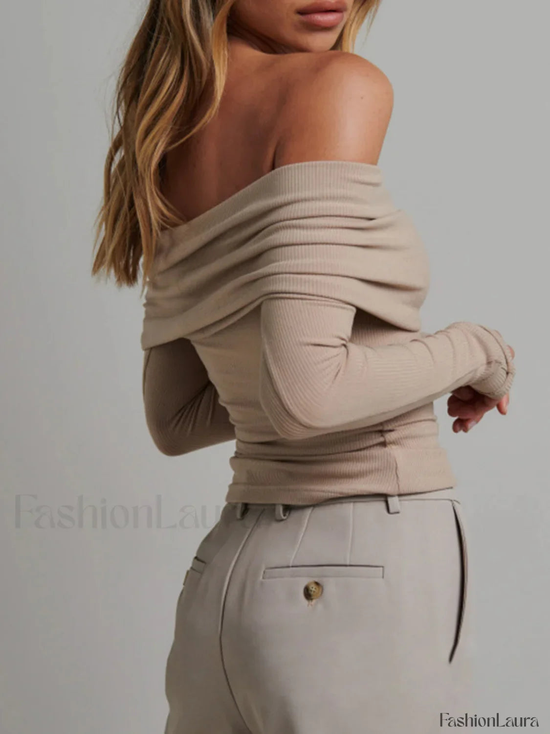 Off Shoulder Overfold Trendy Long Sleeve Crop Shirt