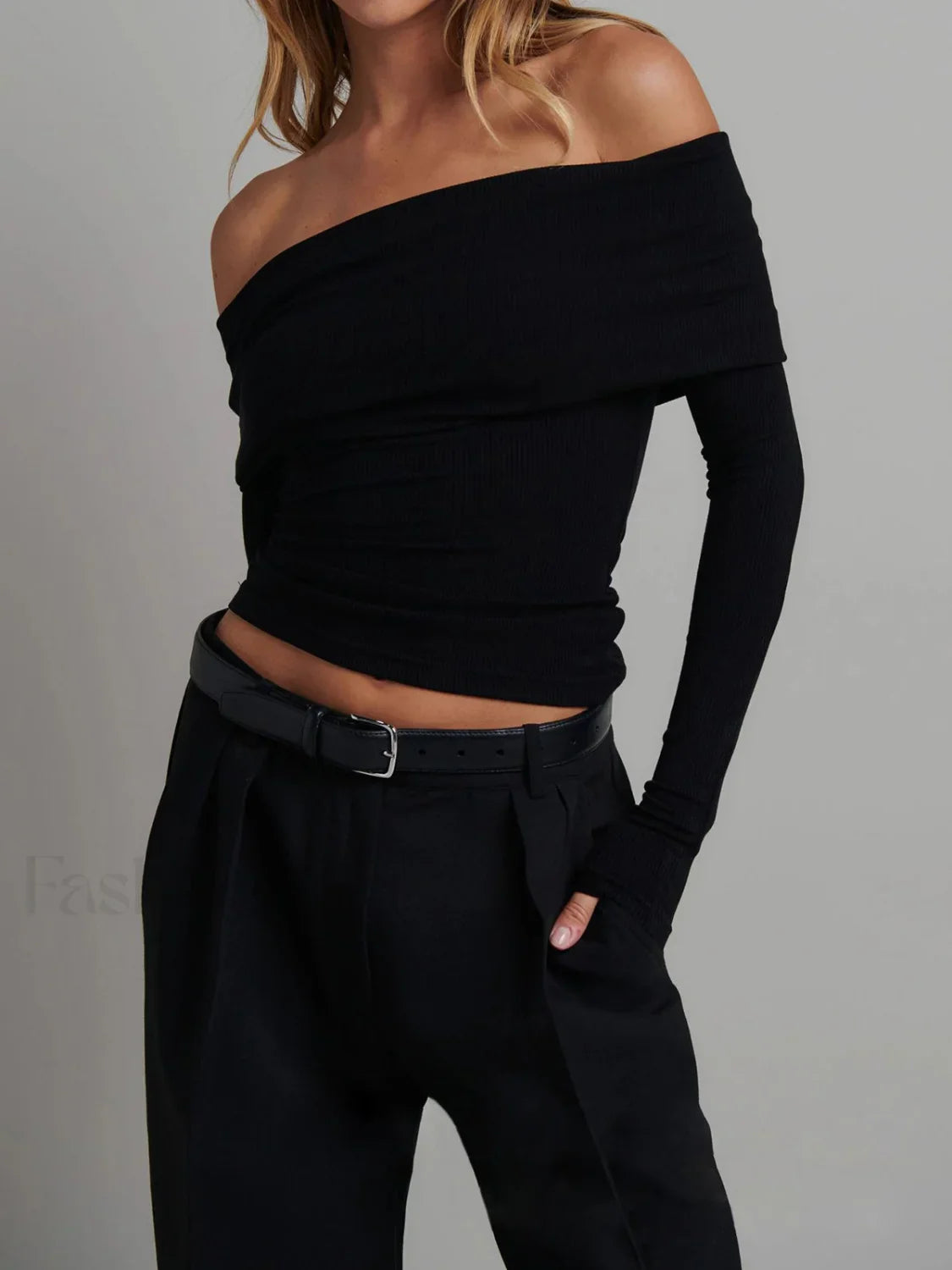 Off Shoulder Overfold Trendy Long Sleeve Crop Shirt
