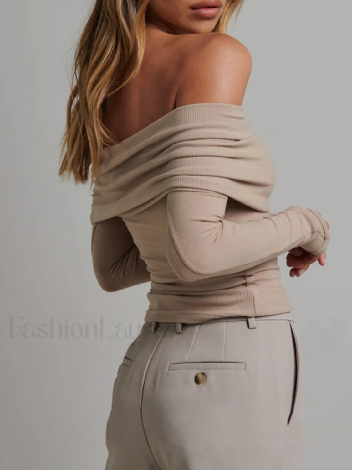 Off Shoulder Overfold Trendy Long Sleeve Crop Shirt