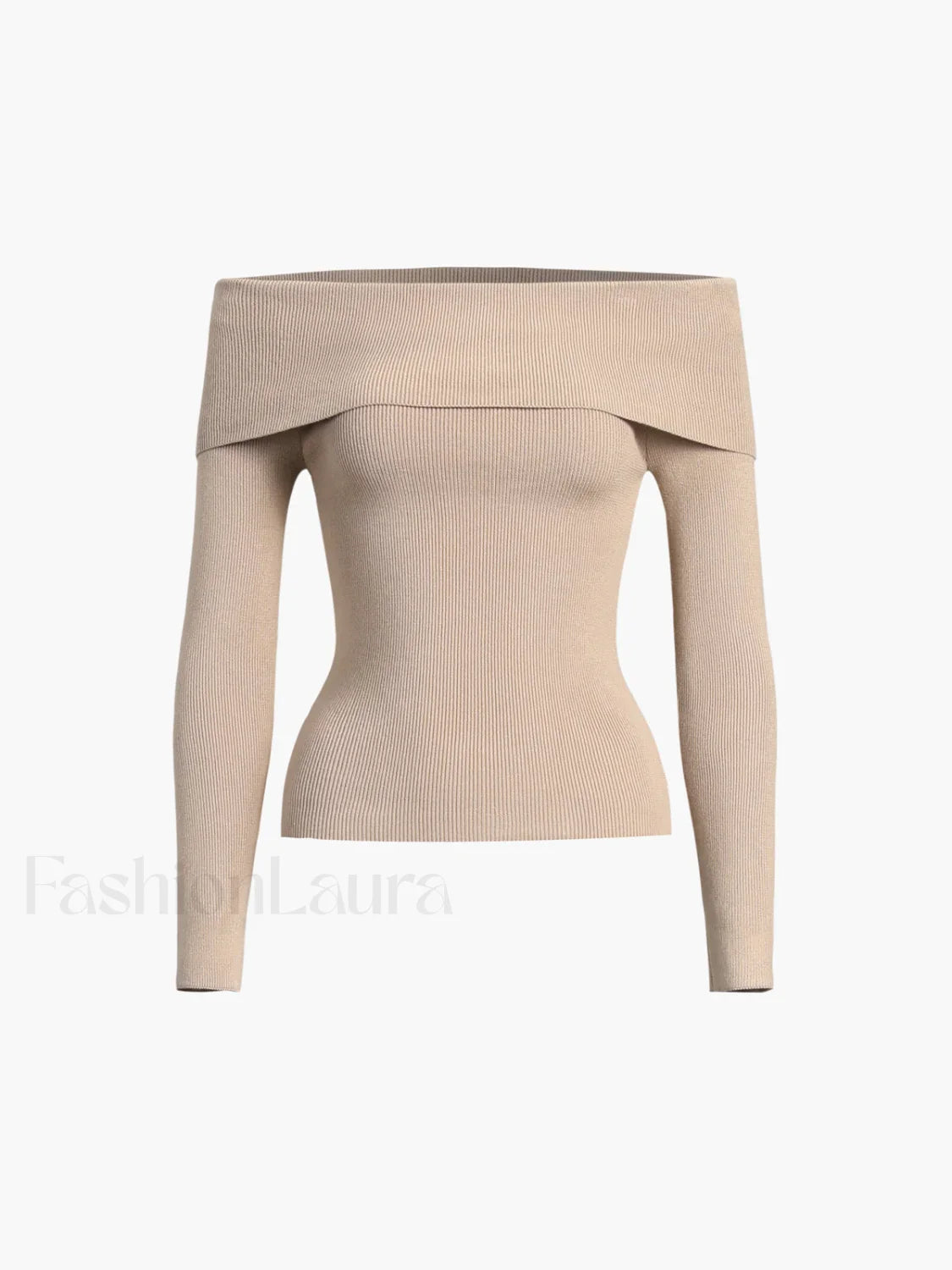 Off Shoulder Overfold Trendy Long Sleeve Knit Top Khaki / XS Sweaters L