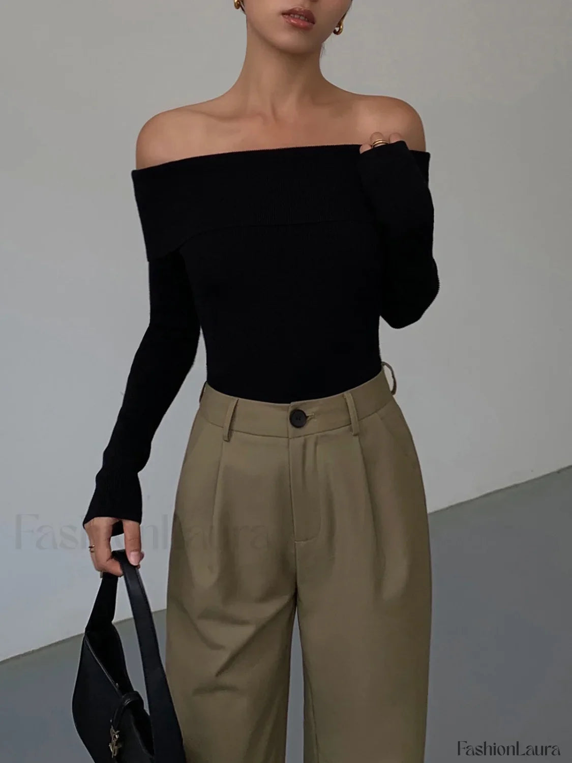 Off Shoulder Overfold Trendy Long Sleeve Knit Top