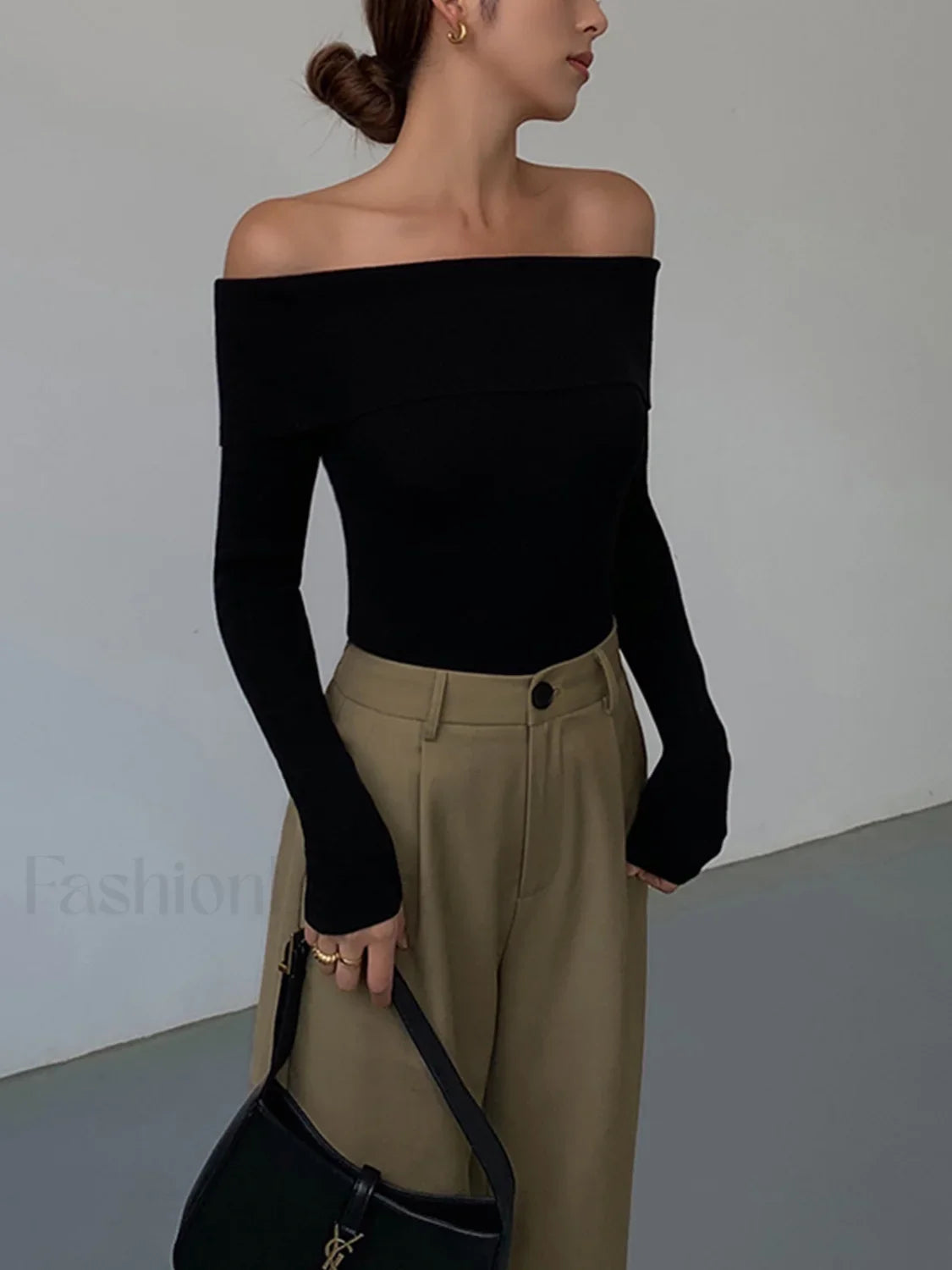 Off Shoulder Overfold Trendy Long Sleeve Knit Top