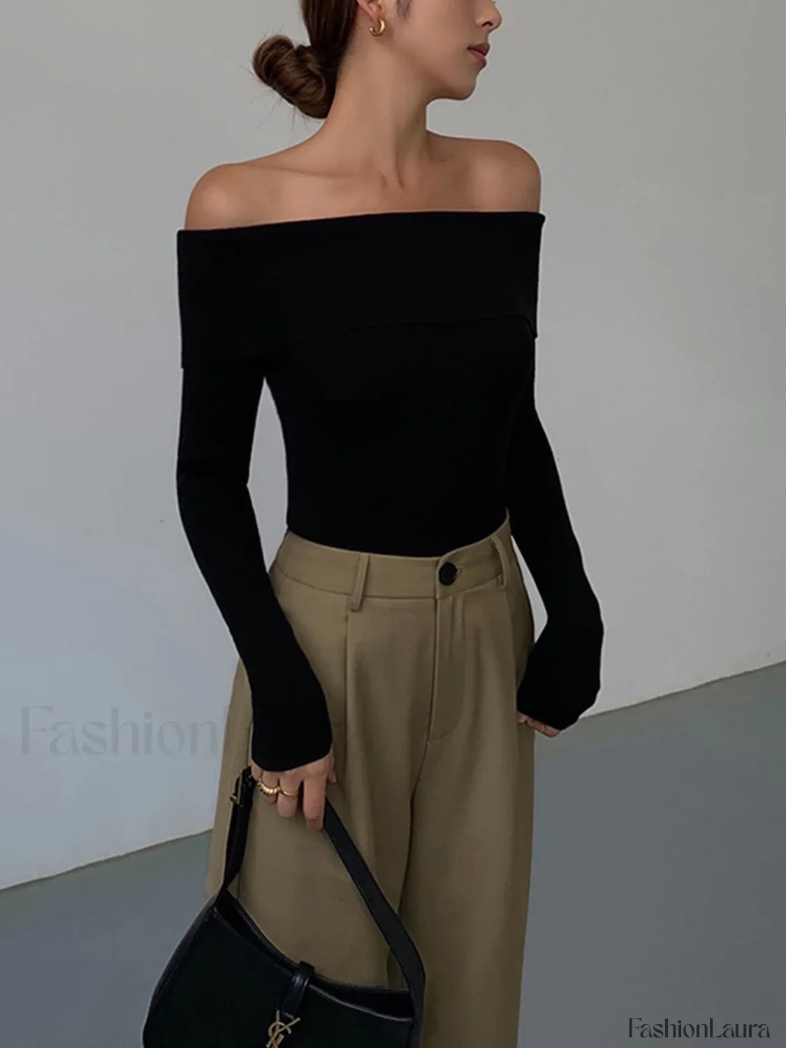 Off Shoulder Overfold Trendy Long Sleeve Knit Top