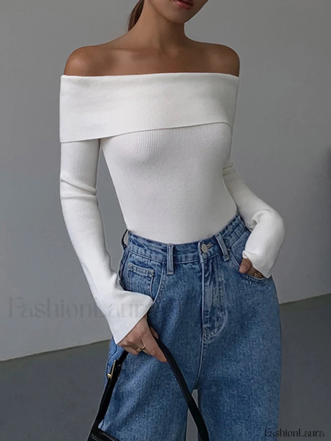 Off Shoulder Overfold Trendy Long Sleeve Knit Top