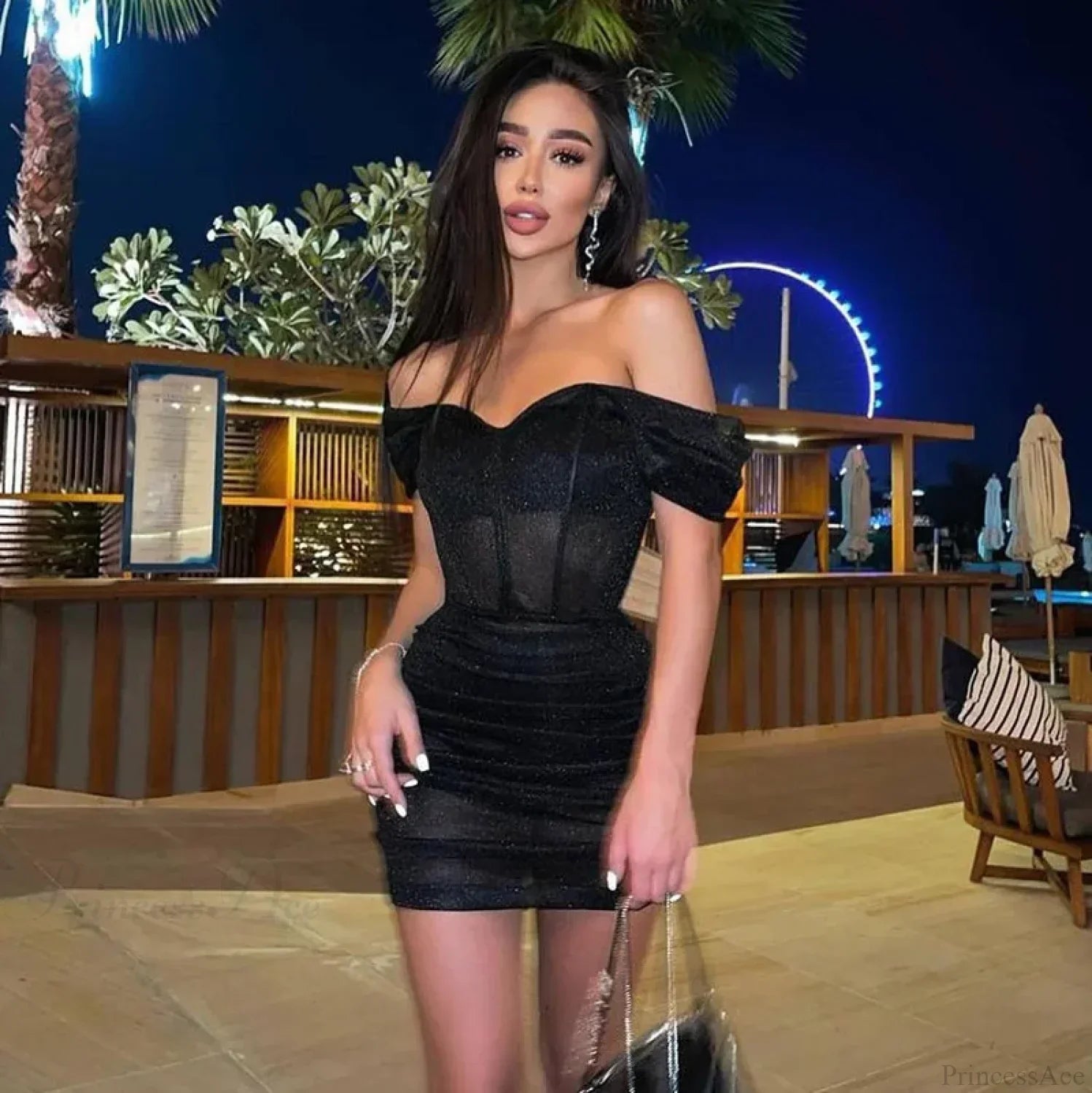 Off-Shoulder Pleated Mini Dress Black / S minidress-250223