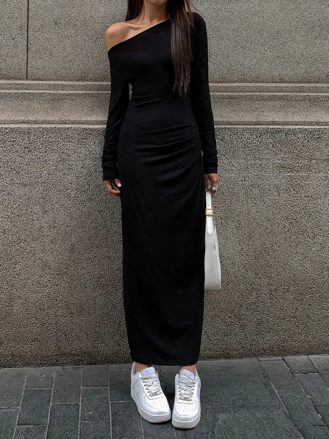 Off Shoulder Ribbed Long Modern Sleeve Knit Long Dress