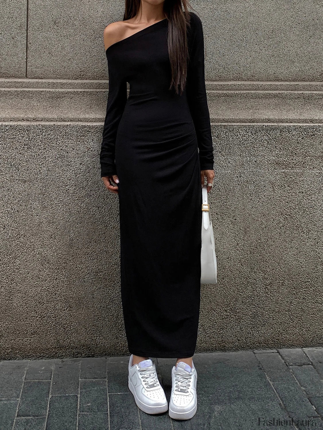 Off Shoulder Ribbed Long Modern Sleeve Knit Long Dress