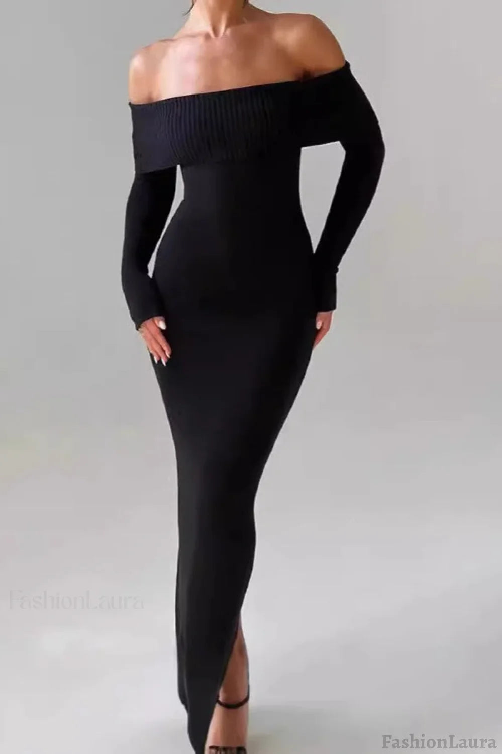 Off Shoulder Ribbed Sweater Dress S / Black