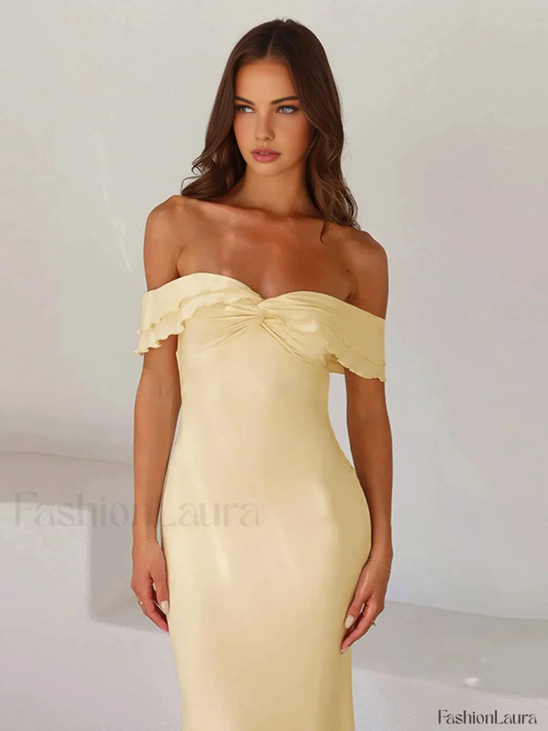 Off Shoulder Ruffle Trendy Satin Long Dress