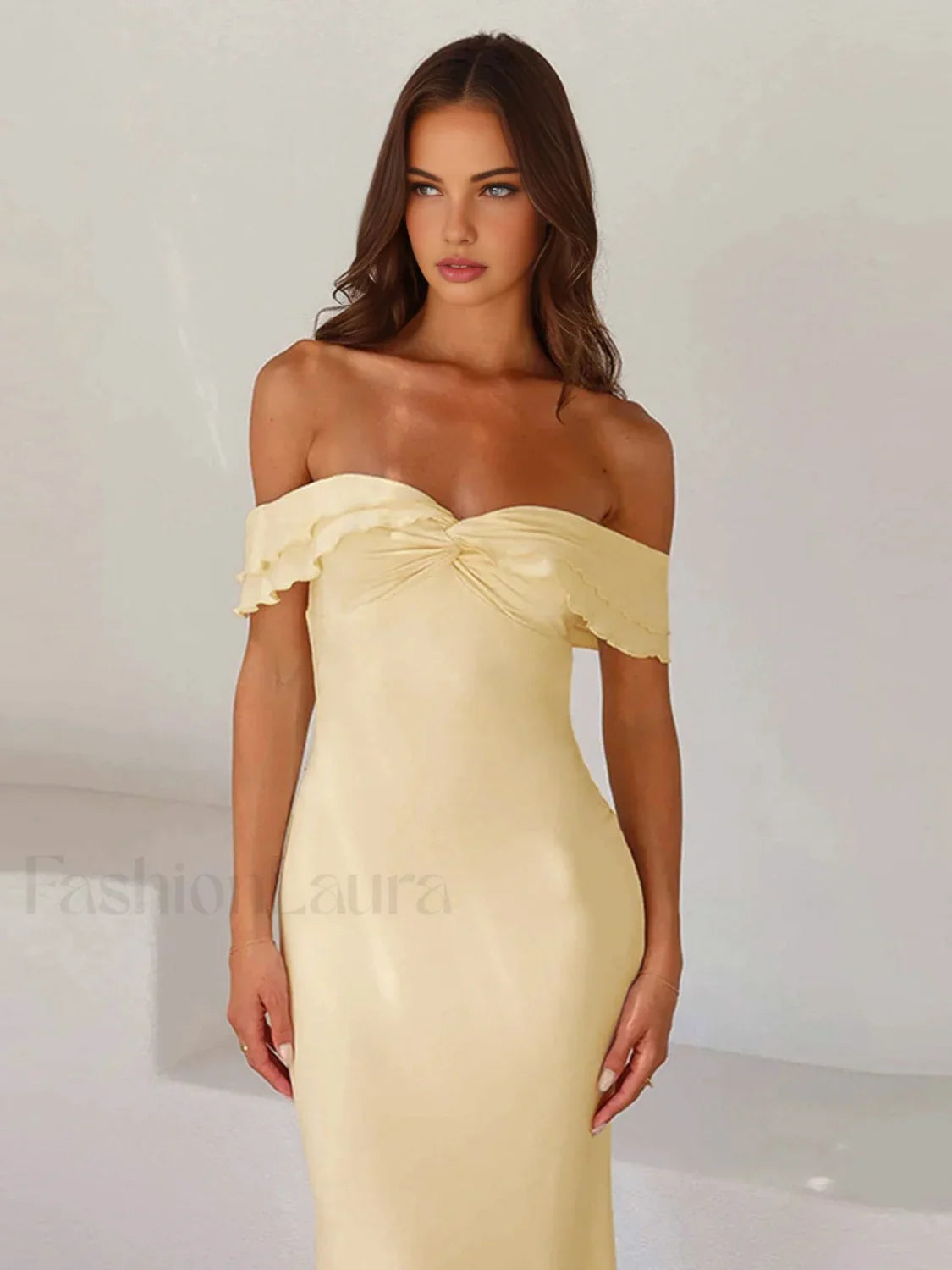 Off Shoulder Ruffle Trendy Satin Long Dress