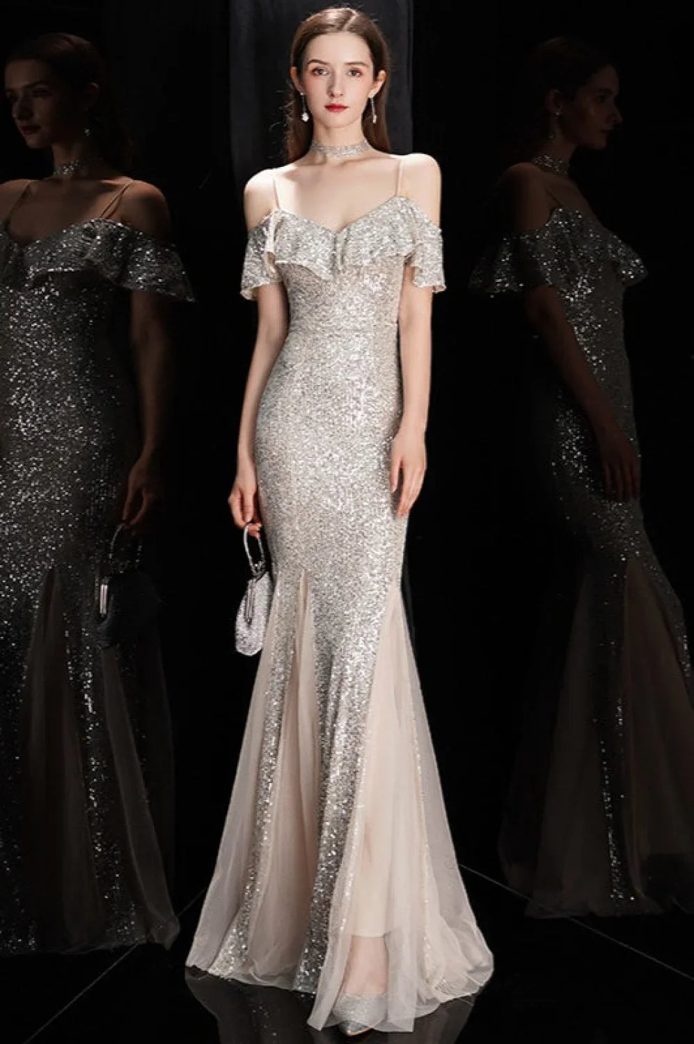 Off Shoulder Sequin Mesh Party Dress XS / Silver