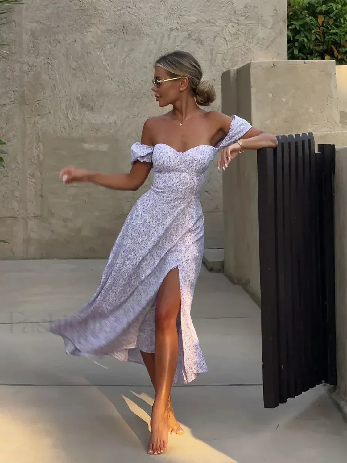 Off-Shoulder Slit Floral Dress