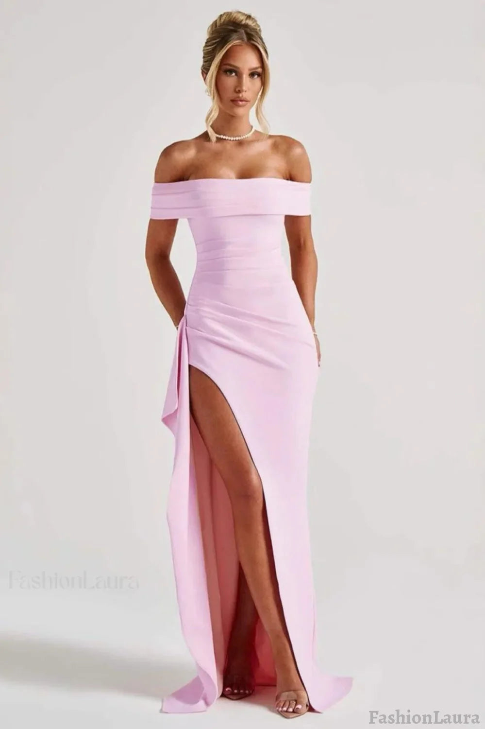Off Shoulder Slit Party Formal Dress S / Pink