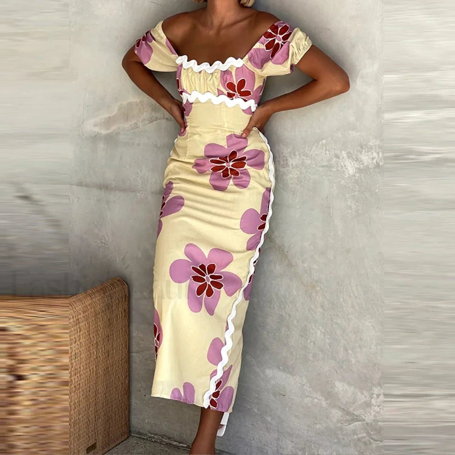 Off-Shoulder Split Floral Dress