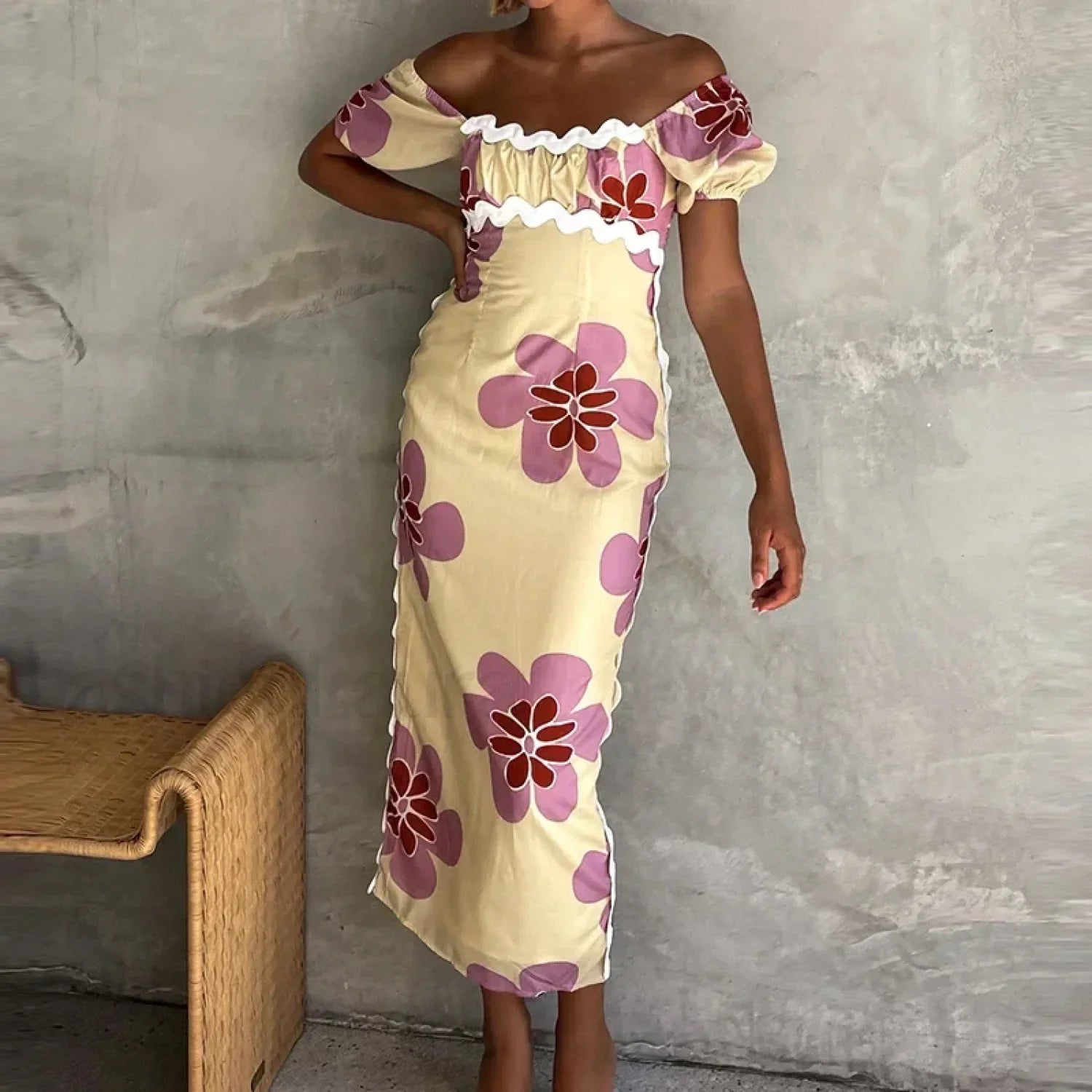 Off-Shoulder Split Floral Dress