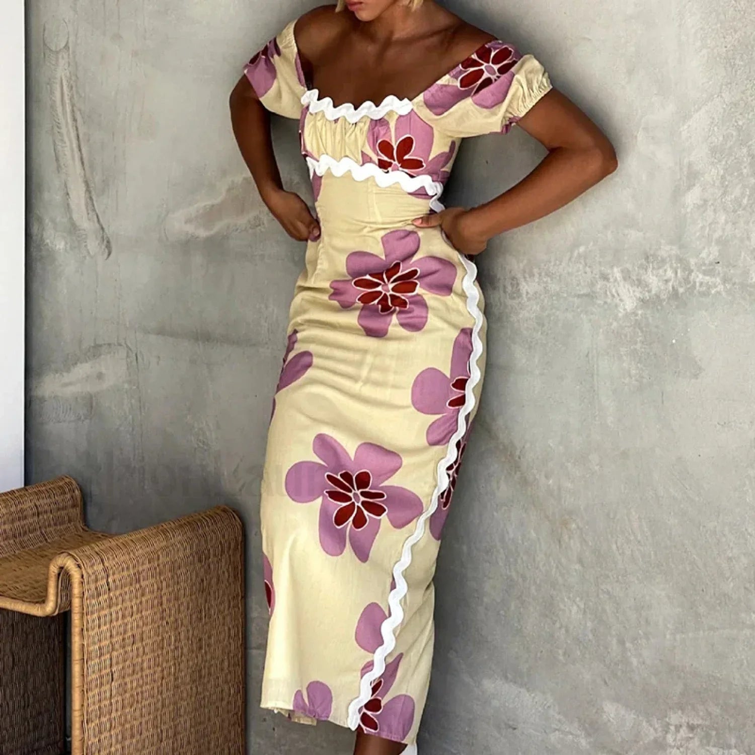 Off-Shoulder Split Floral Dress