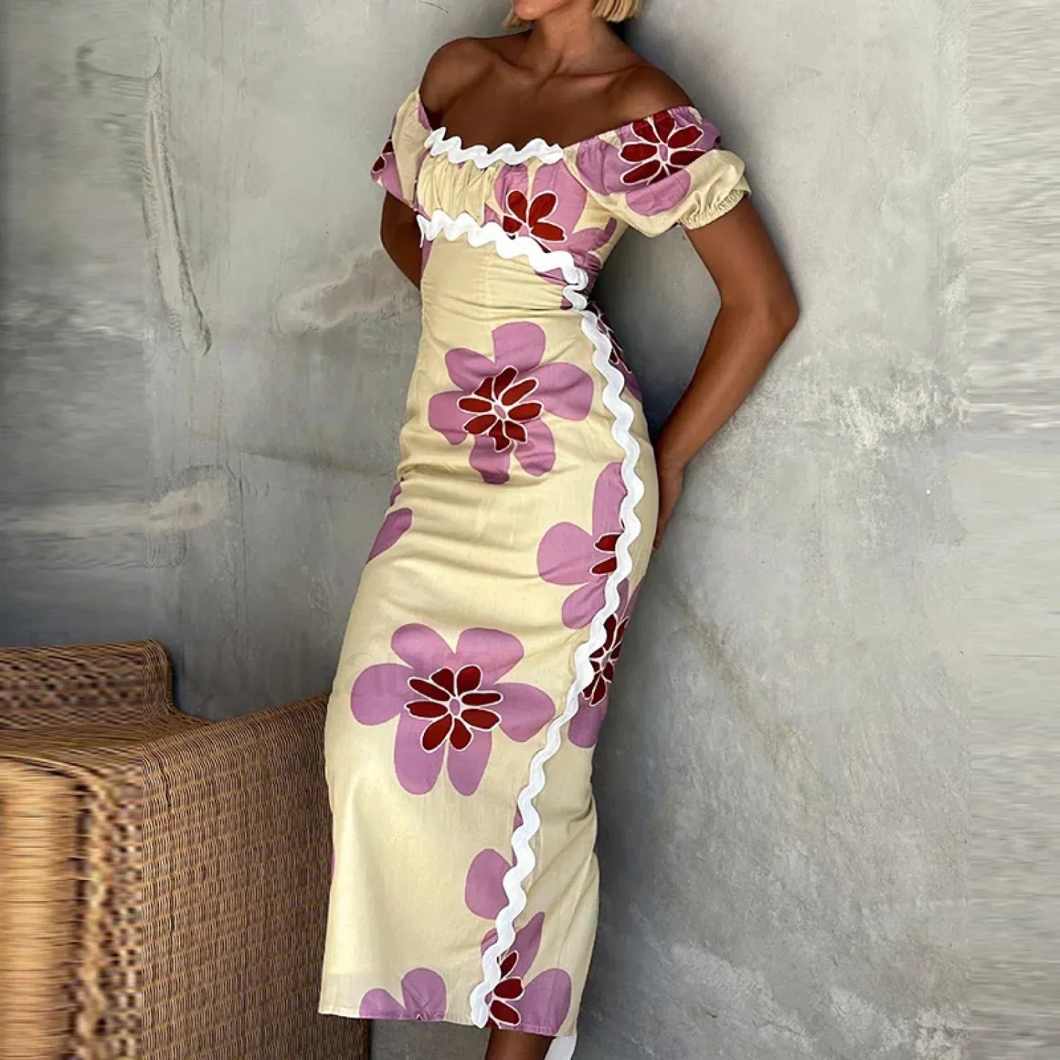 Off-Shoulder Split Floral Dress