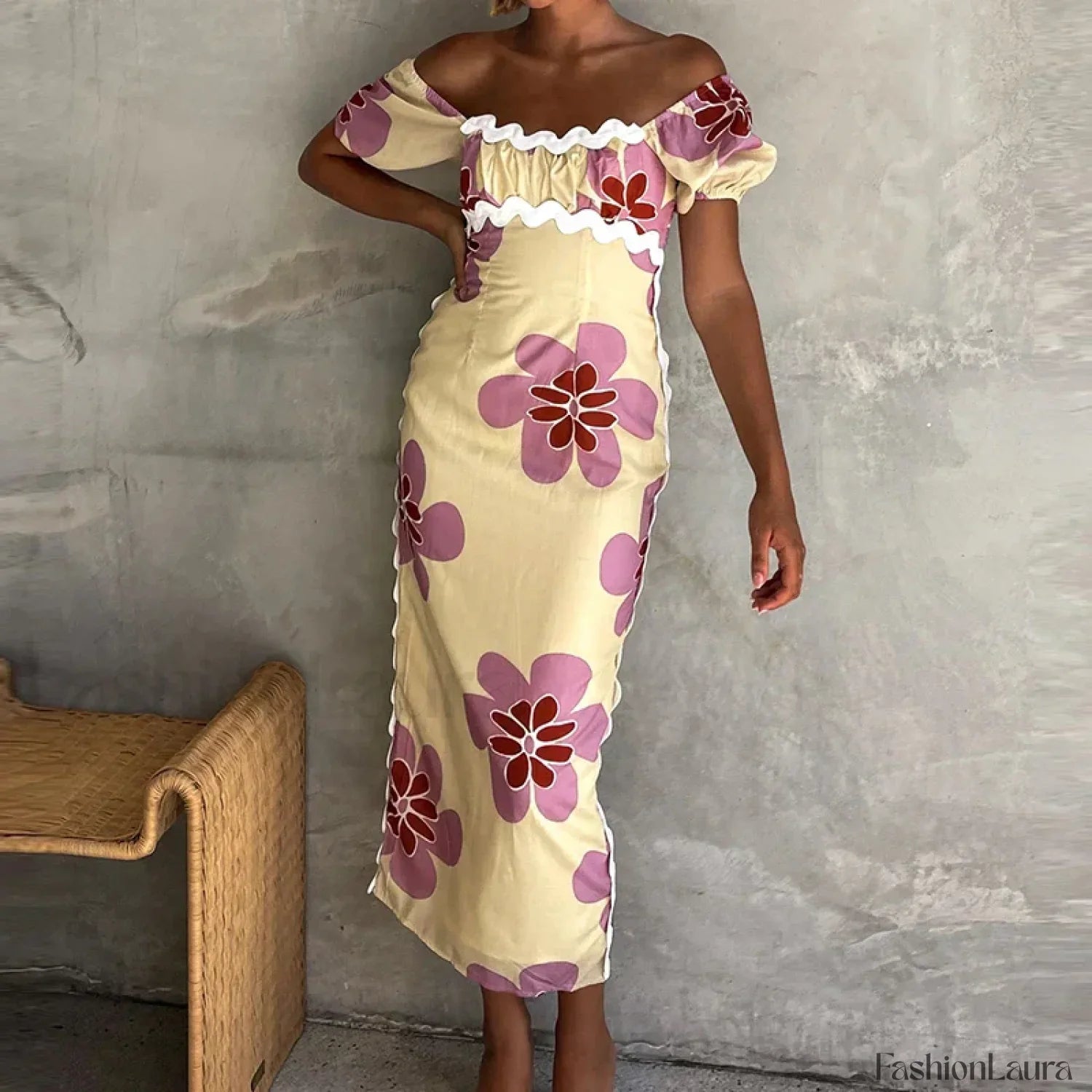 Off-Shoulder Split Floral Dress