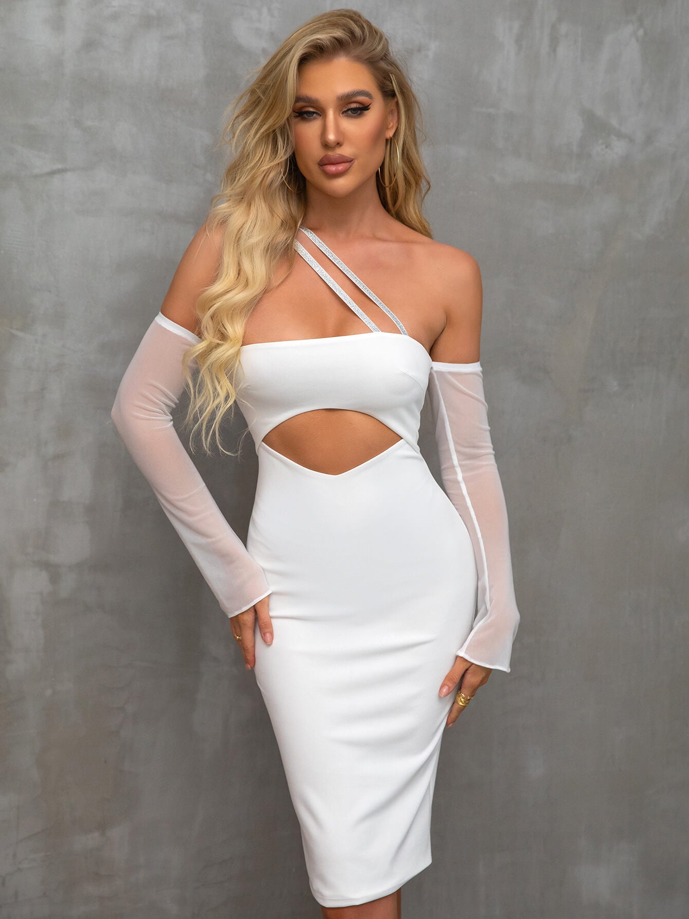 Asymmetrical Neck Glitter Strap Cut Out Dress - View 4