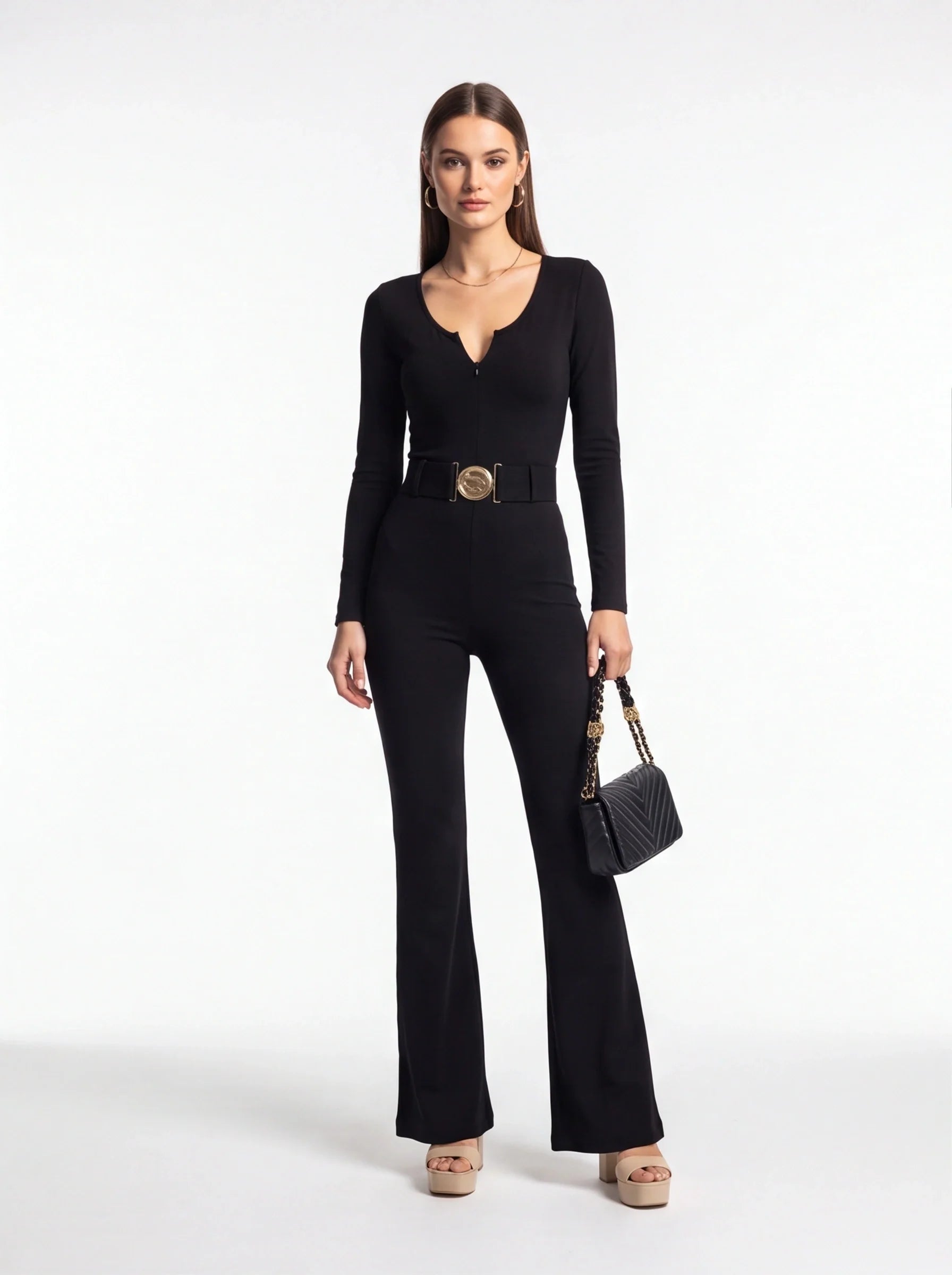 Stylish Slim Fit Flared Jumpsuit with Pockets and Adjustable Straps - Jamota