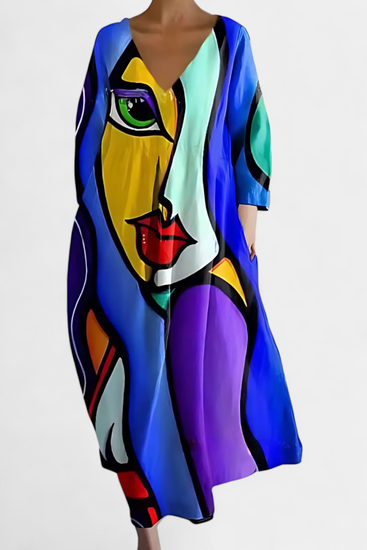 Abstract Print V-Neck Three Quarter Sleeve Oversized Maxi Dress
