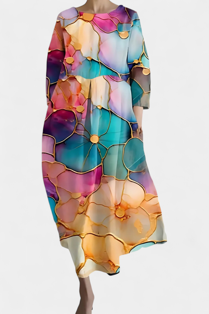 Abstract Print V-Neck Three Quarter Sleeve Oversized Maxi Dress