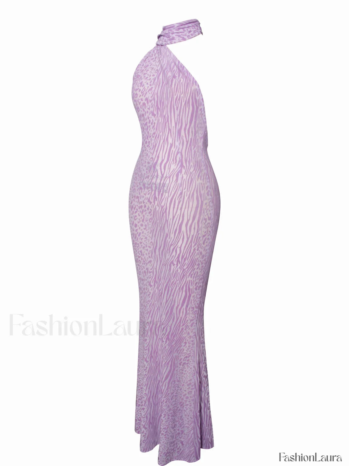 Olena Purple Burnout Velvet Animal Trendy Print Mesh Halter Neck Maxi Dress