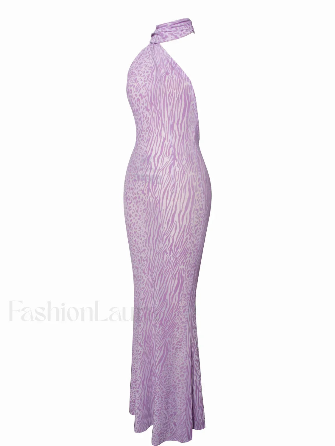 Olena Purple Burnout Velvet Animal Trendy Print Mesh Halter Neck Maxi Dress