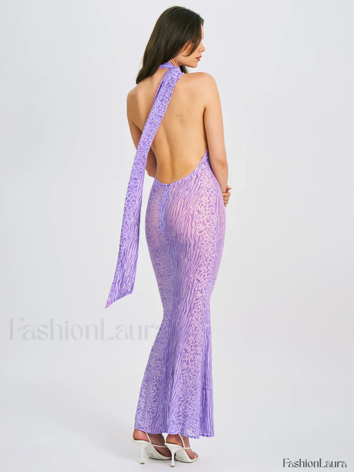 Olena Purple Burnout Velvet Animal Trendy Print Mesh Halter Neck Maxi Dress
