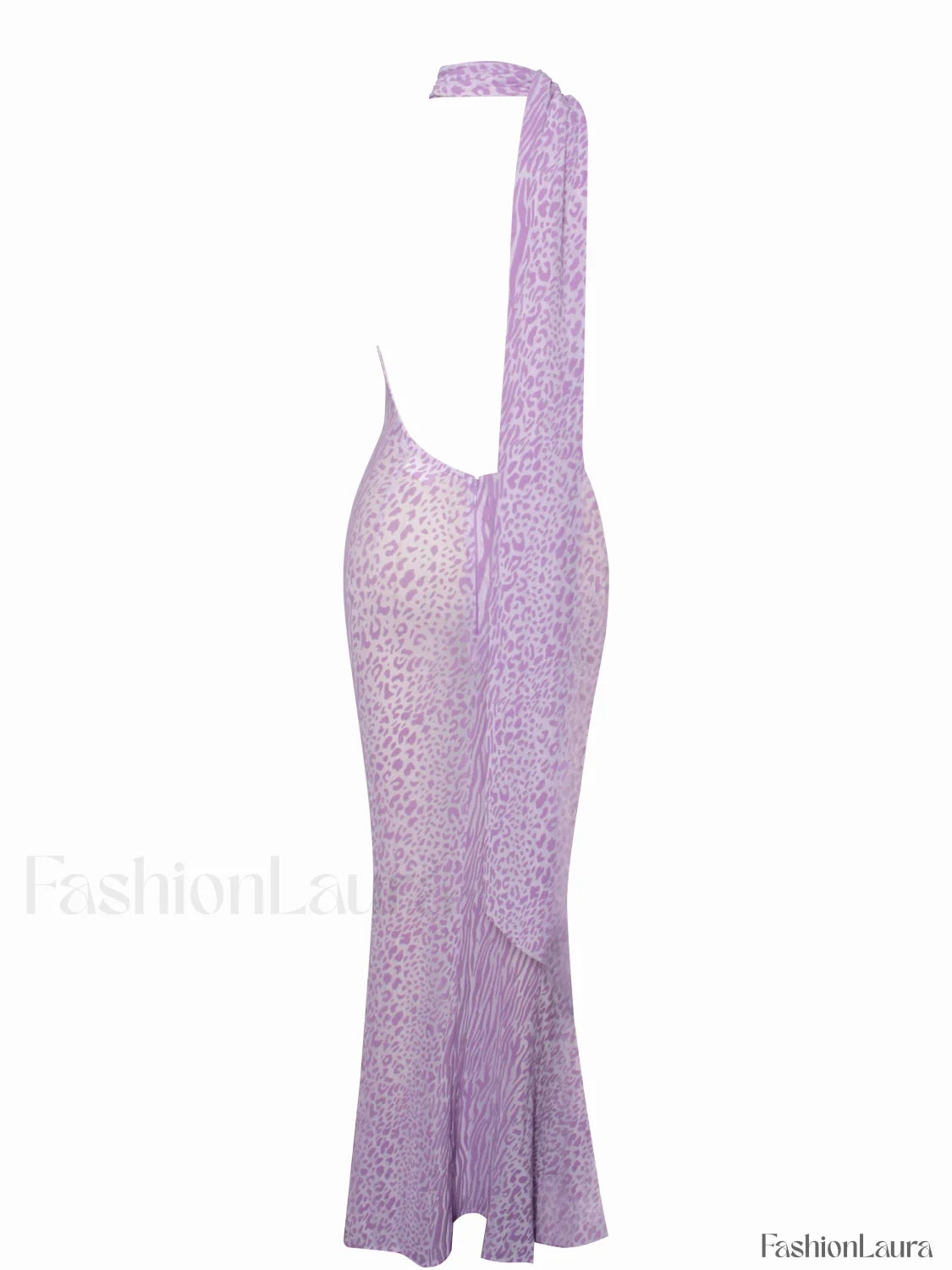 Olena Purple Burnout Velvet Animal Trendy Print Mesh Halter Neck Maxi Dress