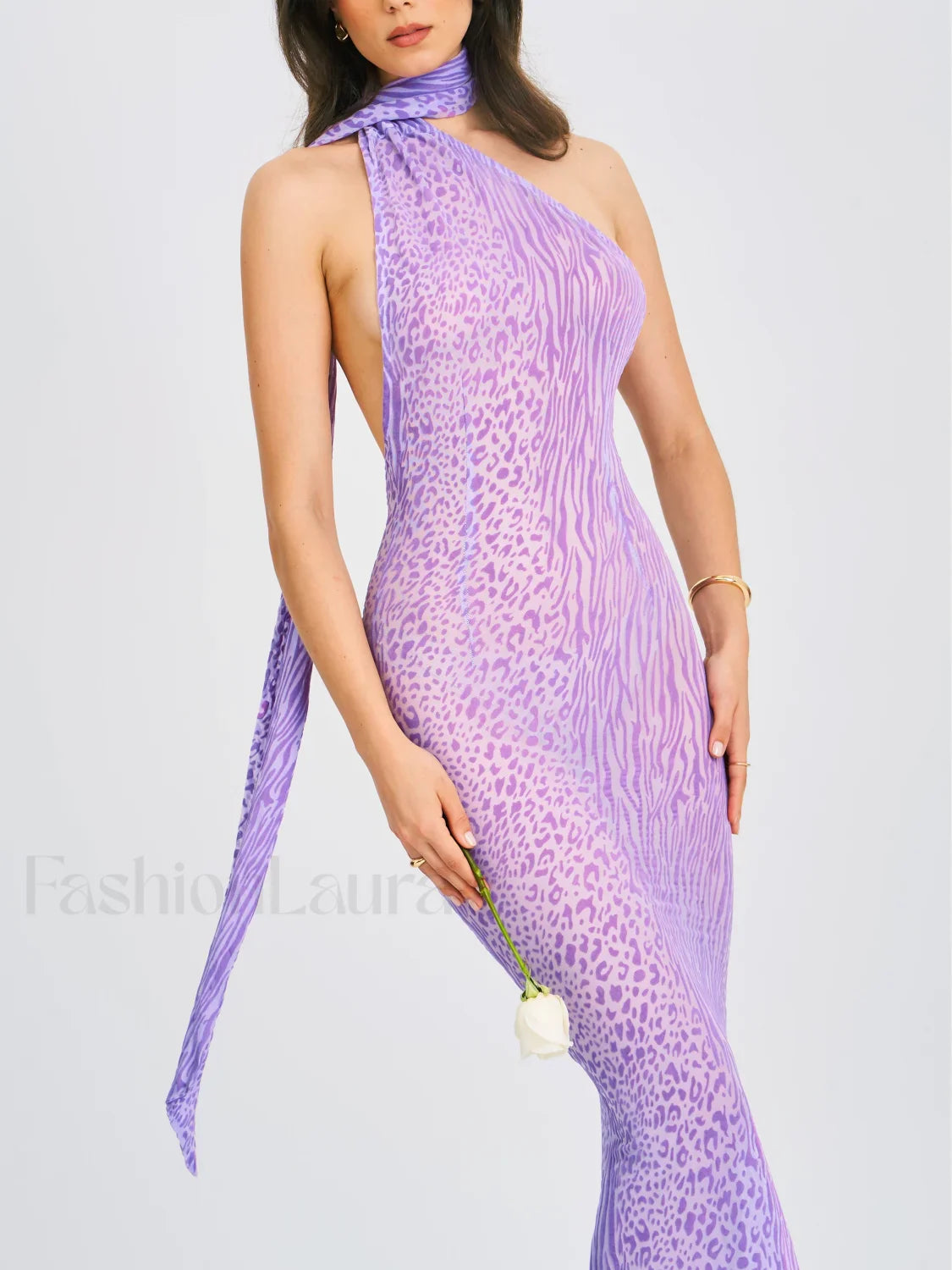Olena Purple Burnout Velvet Animal Trendy Print Mesh Halter Neck Maxi Dress L / US 10 12 Dresses