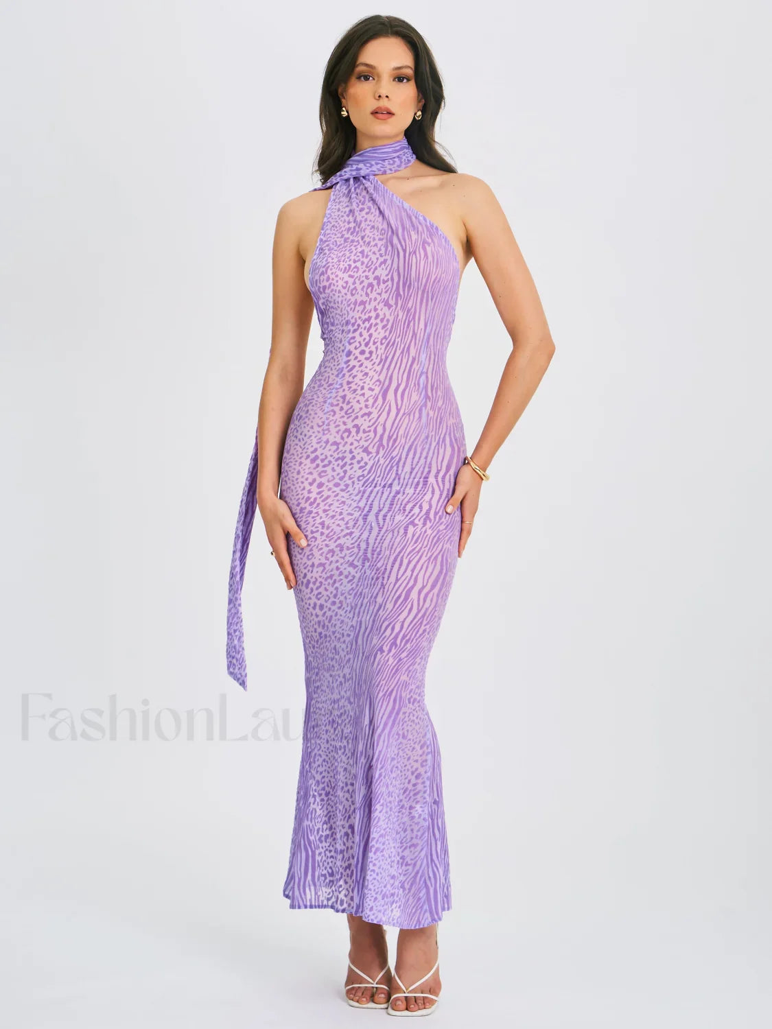 Olena Purple Burnout Velvet Animal Trendy Print Mesh Halter Neck Maxi Dress M / US 6 8 Dresses