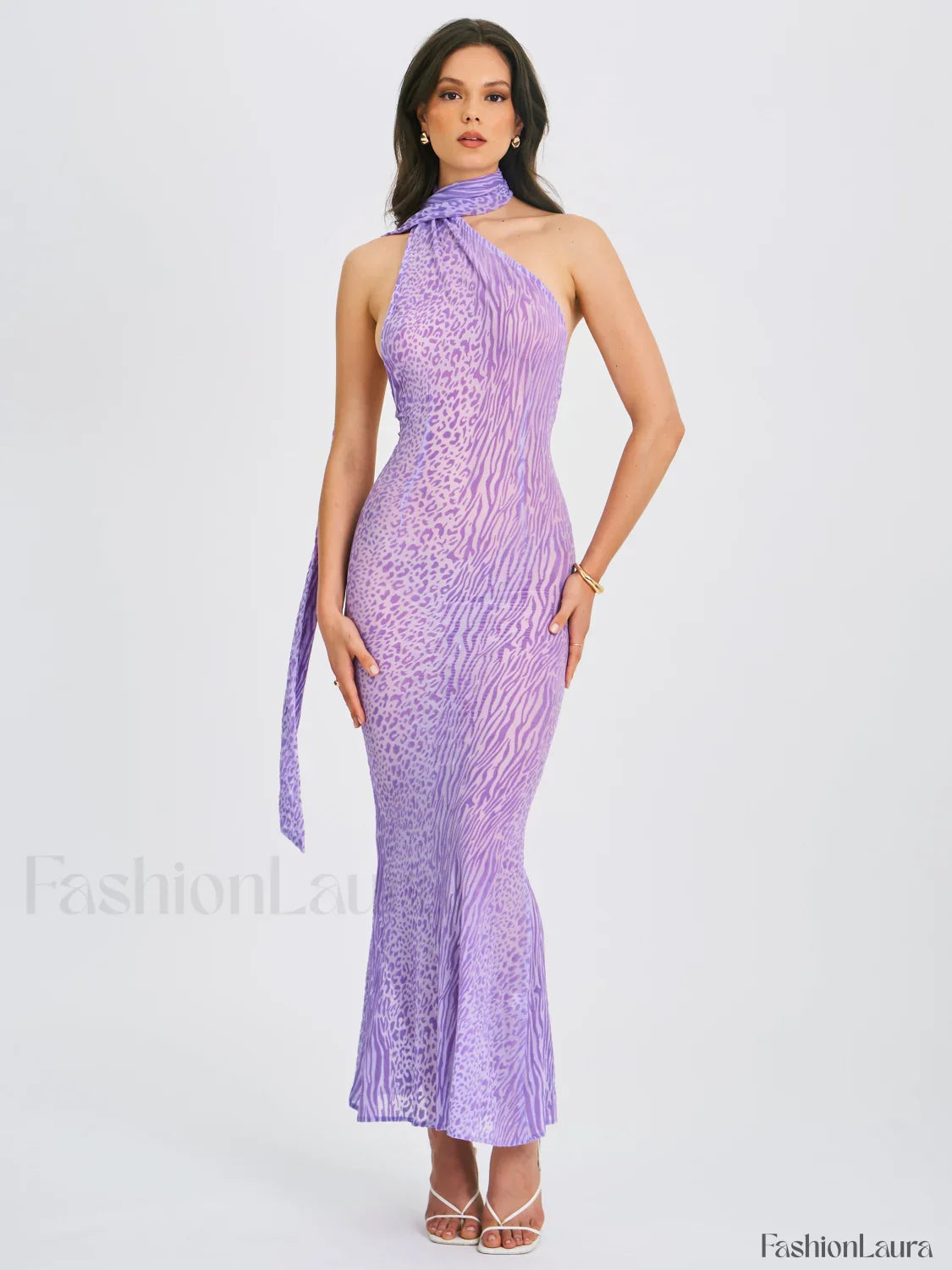 Olena Purple Burnout Velvet Animal Trendy Print Mesh Halter Neck Maxi Dress