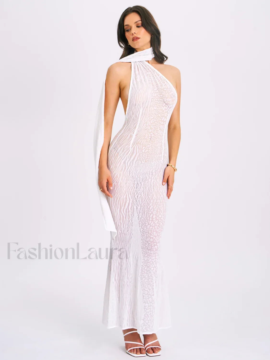 Olena White Burnout Velvet Animal Trendy Print Mesh Halter Neck Maxi Dress